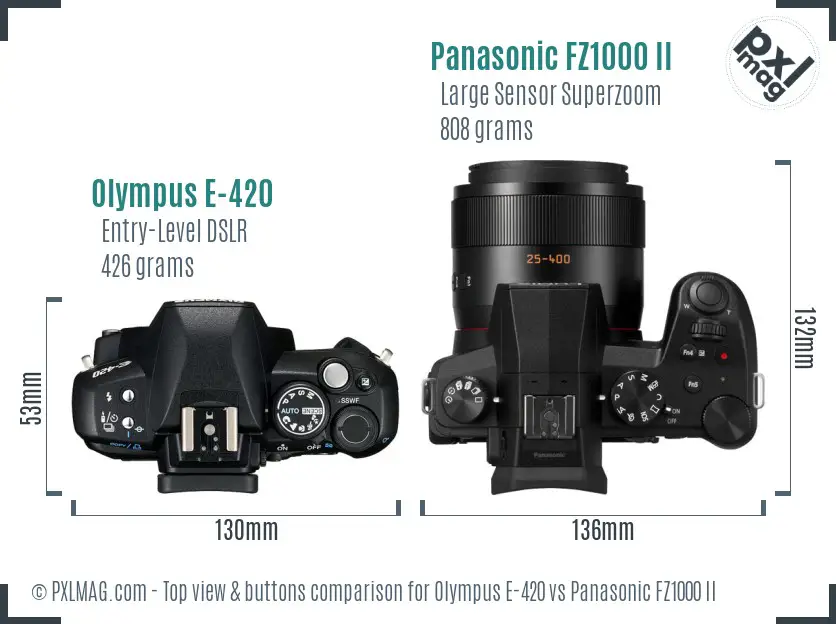 Olympus E-420 vs Panasonic FZ1000 II top view buttons comparison