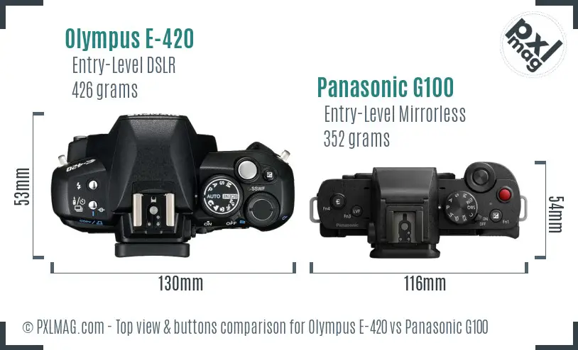 Olympus E-420 vs Panasonic G100 top view buttons comparison