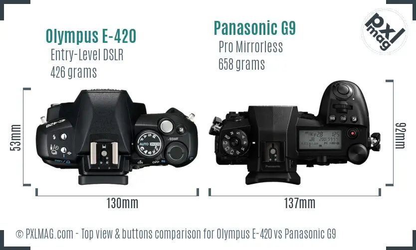Olympus E-420 vs Panasonic G9 top view buttons comparison