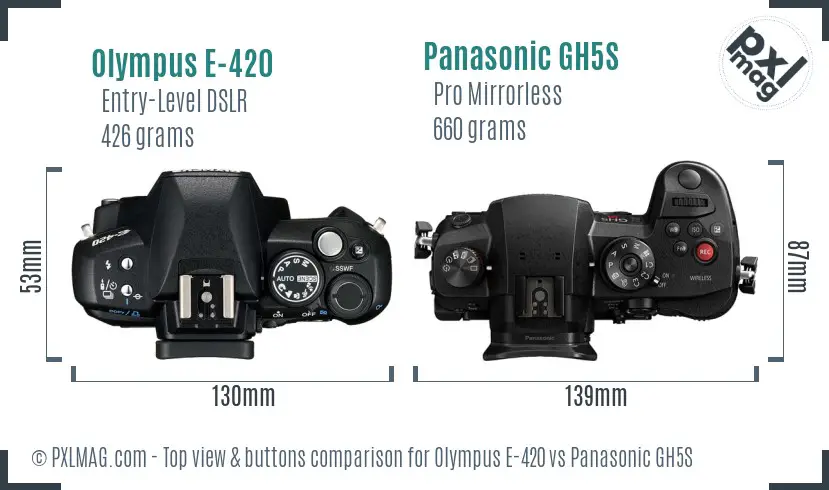 Olympus E-420 vs Panasonic GH5S top view buttons comparison