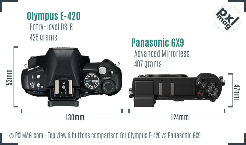 Olympus E-420 vs Panasonic GX9 top view buttons comparison