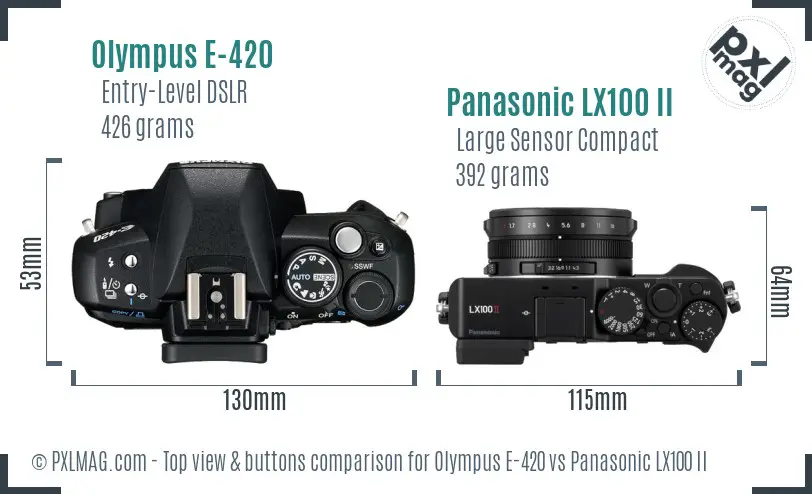 Olympus E-420 vs Panasonic LX100 II top view buttons comparison