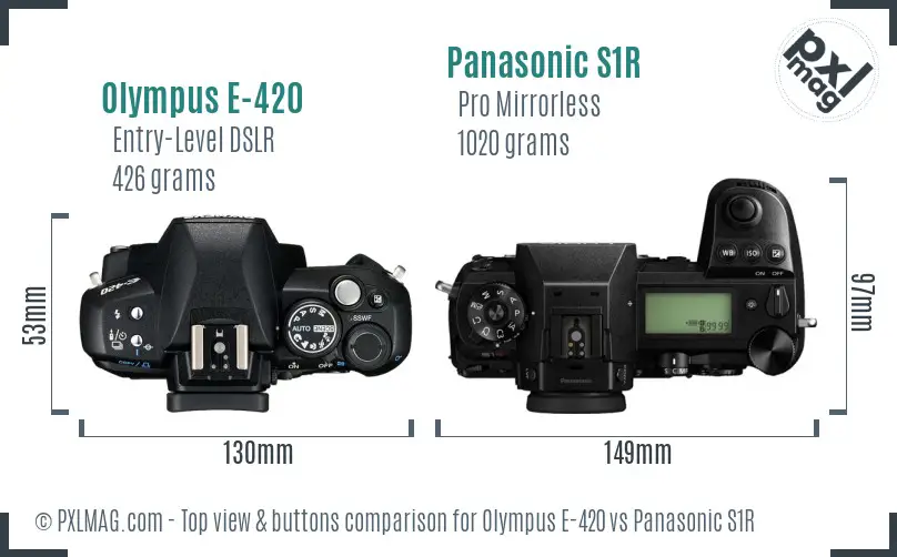 Olympus E-420 vs Panasonic S1R top view buttons comparison
