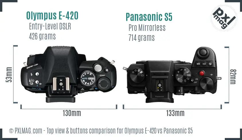 Olympus E-420 vs Panasonic S5 top view buttons comparison