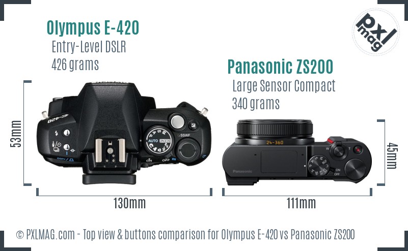 Olympus E-420 vs Panasonic ZS200 top view buttons comparison