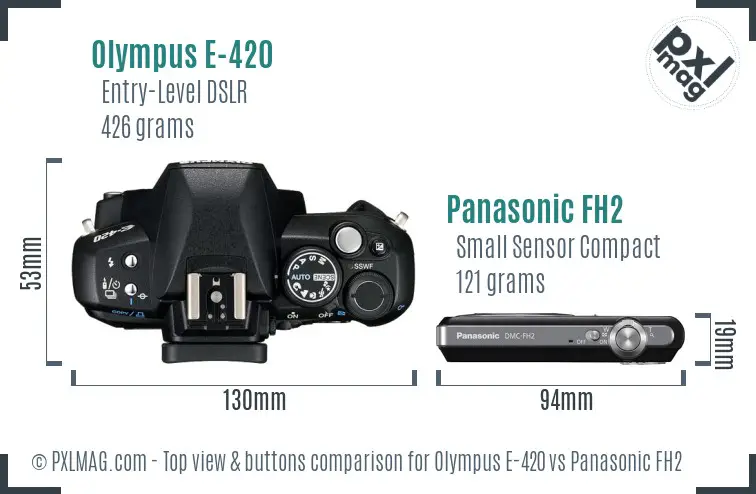 Olympus E-420 vs Panasonic FH2 top view buttons comparison