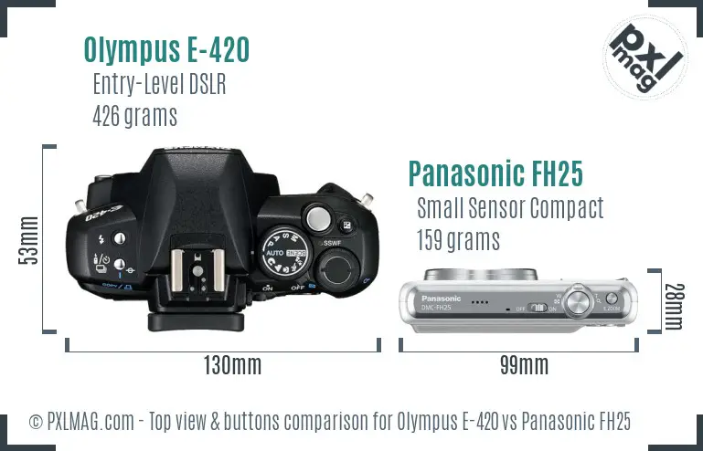 Olympus E-420 vs Panasonic FH25 top view buttons comparison