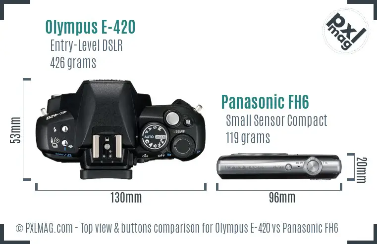 Olympus E-420 vs Panasonic FH6 top view buttons comparison