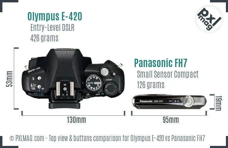 Olympus E-420 vs Panasonic FH7 top view buttons comparison
