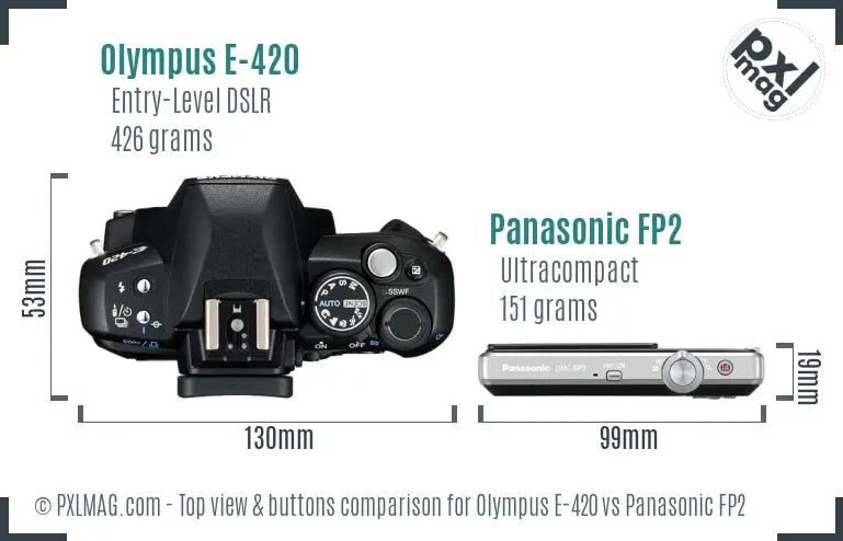 Olympus E-420 vs Panasonic FP2 top view buttons comparison