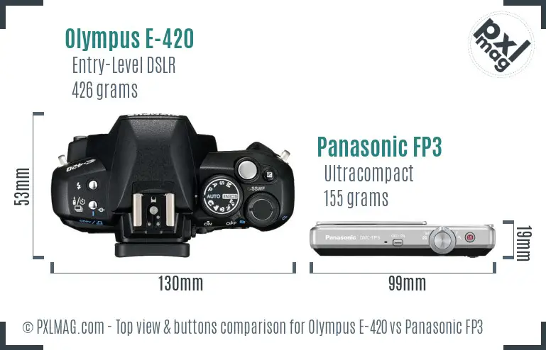 Olympus E-420 vs Panasonic FP3 top view buttons comparison