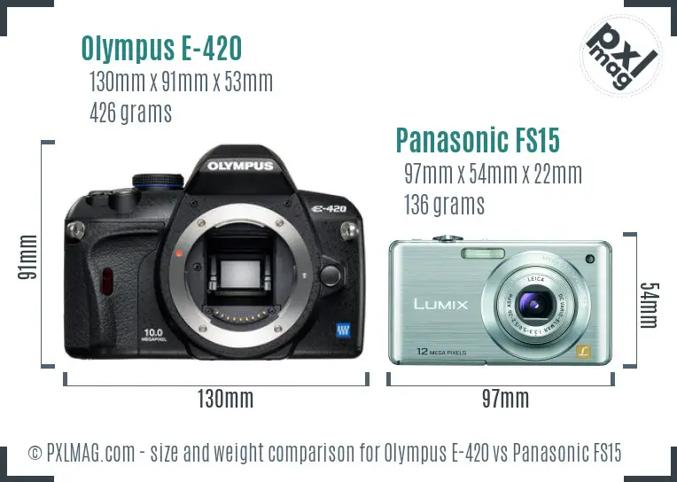 Olympus E-420 vs Panasonic FS15 size comparison