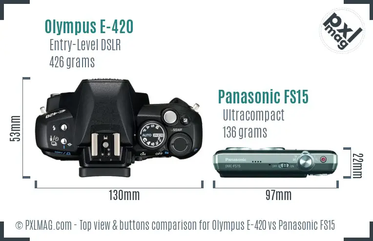 Olympus E-420 vs Panasonic FS15 top view buttons comparison