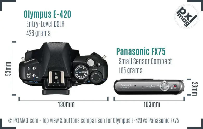 Olympus E-420 vs Panasonic FX75 top view buttons comparison