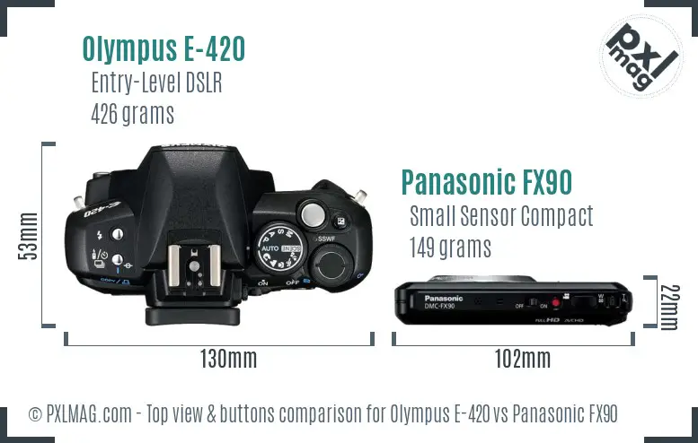 Olympus E-420 vs Panasonic FX90 top view buttons comparison
