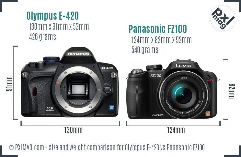 Olympus E-420 vs Panasonic FZ100 size comparison