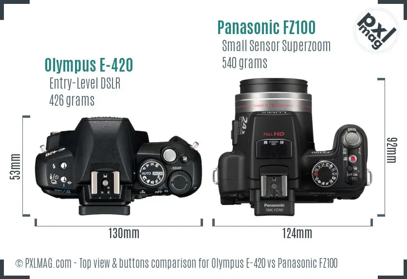 Olympus E-420 vs Panasonic FZ100 top view buttons comparison