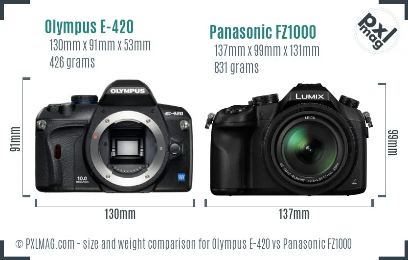 Olympus E-420 vs Panasonic FZ1000 size comparison