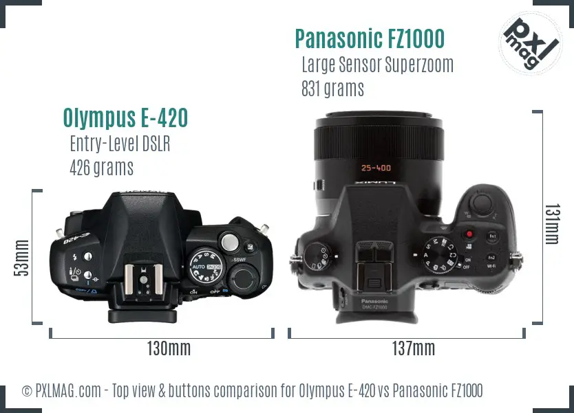 Olympus E-420 vs Panasonic FZ1000 top view buttons comparison