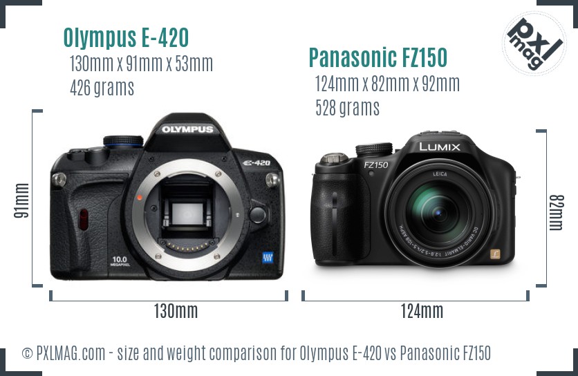 Olympus E-420 vs Panasonic FZ150 size comparison