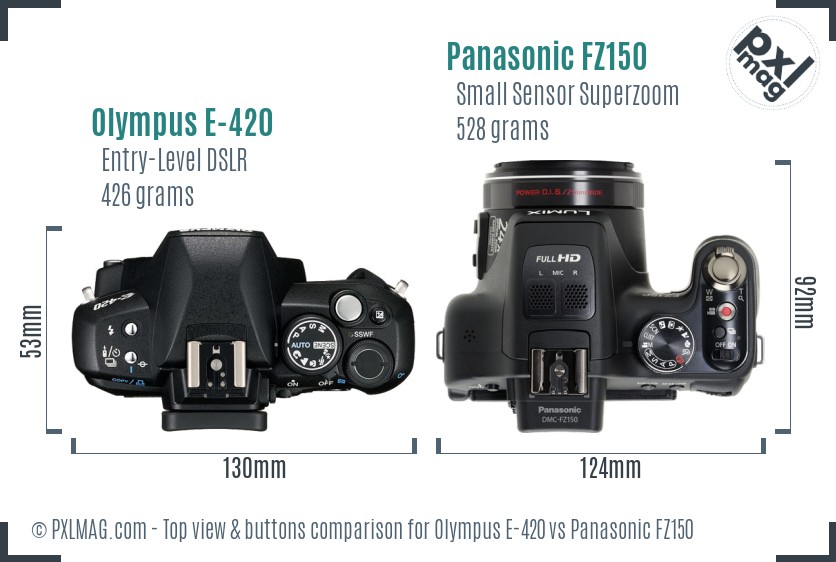 Olympus E-420 vs Panasonic FZ150 top view buttons comparison