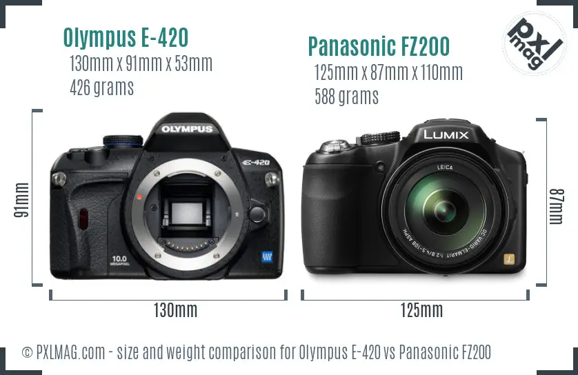 Olympus E-420 vs Panasonic FZ200 size comparison