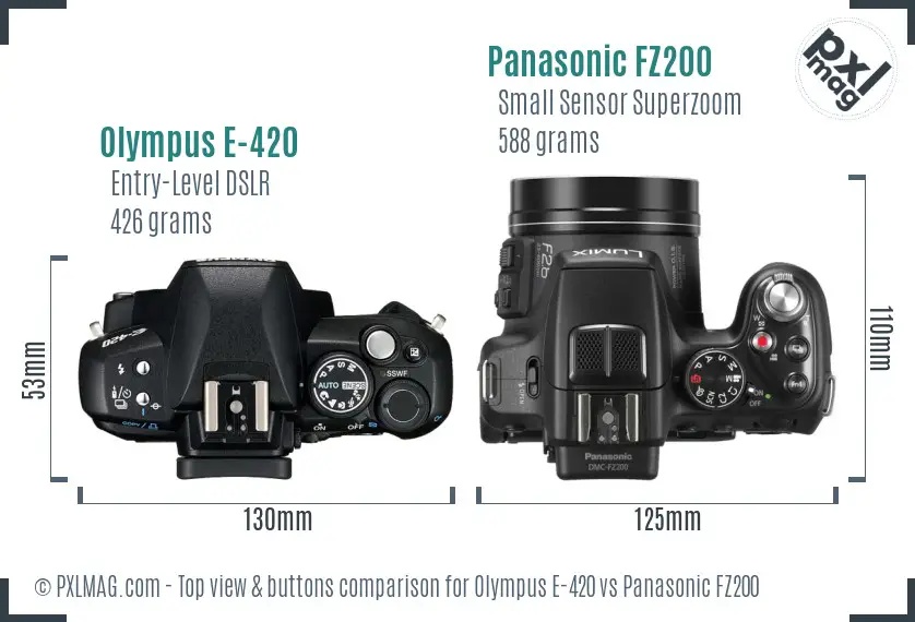Olympus E-420 vs Panasonic FZ200 top view buttons comparison
