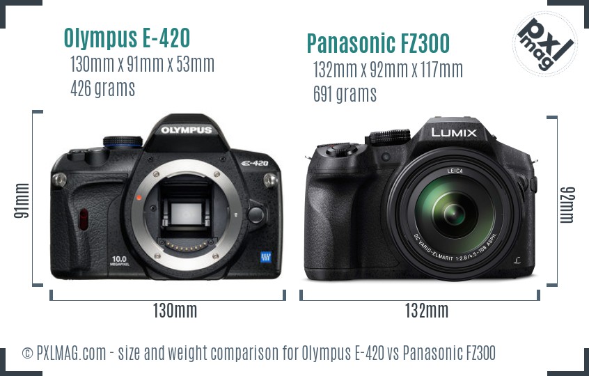 Olympus E-420 vs Panasonic FZ300 size comparison