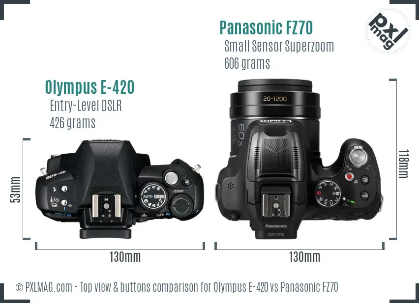 Olympus E-420 vs Panasonic FZ70 top view buttons comparison