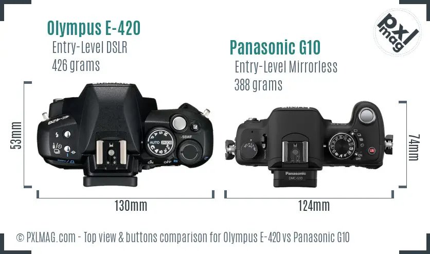 Olympus E-420 vs Panasonic G10 top view buttons comparison