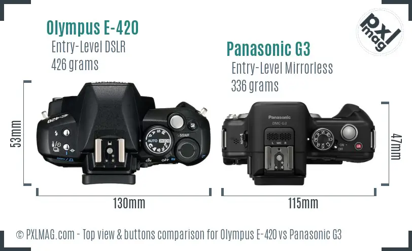 Olympus E-420 vs Panasonic G3 top view buttons comparison