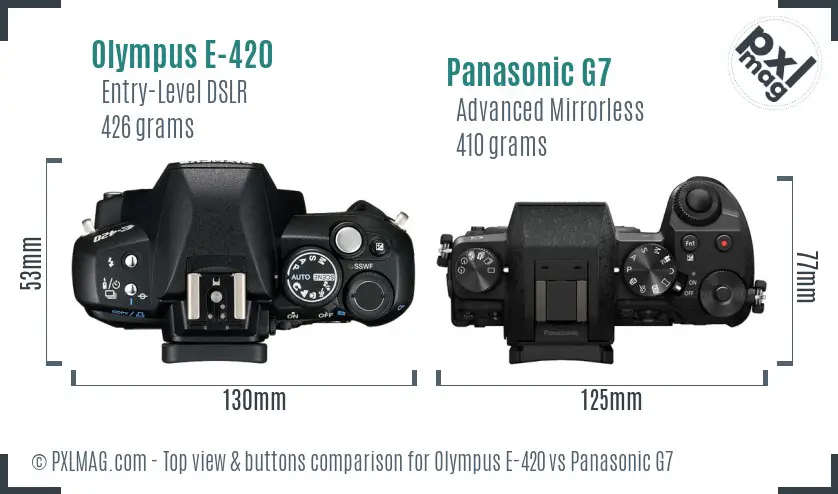 Olympus E-420 vs Panasonic G7 top view buttons comparison
