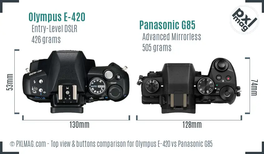 Olympus E-420 vs Panasonic G85 top view buttons comparison