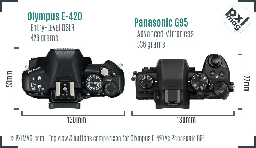 Olympus E-420 vs Panasonic G95 top view buttons comparison