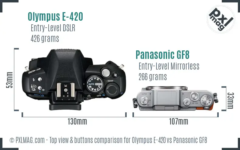 Olympus E-420 vs Panasonic GF8 top view buttons comparison