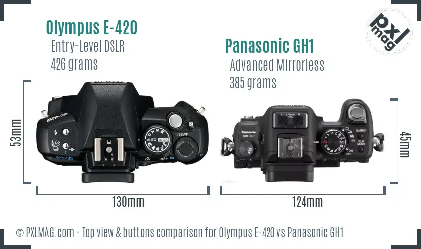 Olympus E-420 vs Panasonic GH1 top view buttons comparison