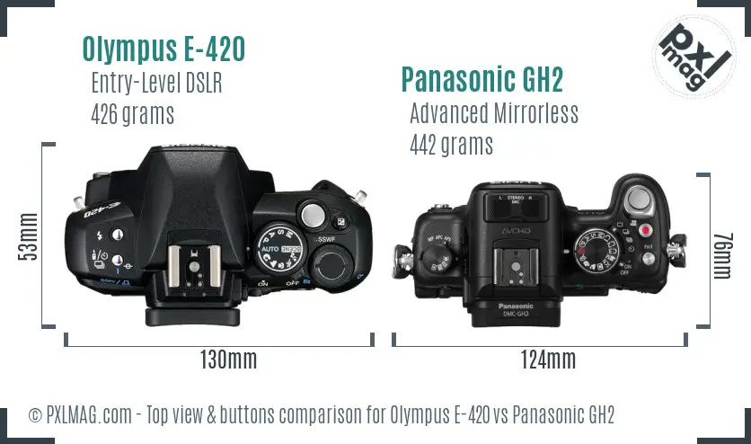 Olympus E-420 vs Panasonic GH2 top view buttons comparison