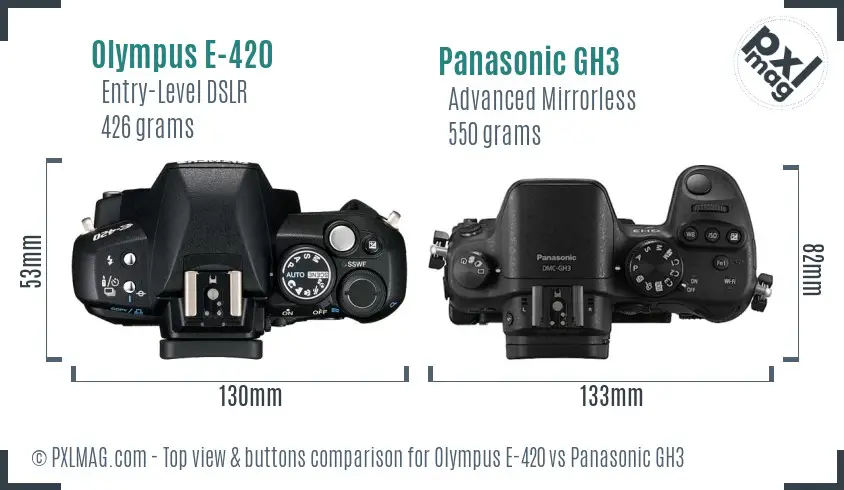 Olympus E-420 vs Panasonic GH3 top view buttons comparison