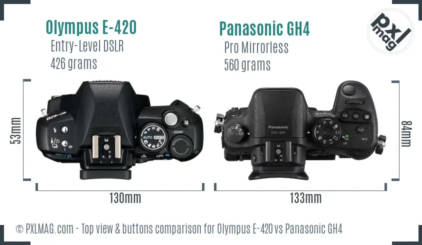 Olympus E-420 vs Panasonic GH4 top view buttons comparison