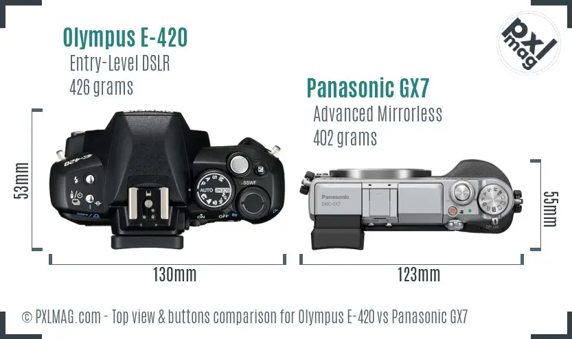 Olympus E-420 vs Panasonic GX7 top view buttons comparison