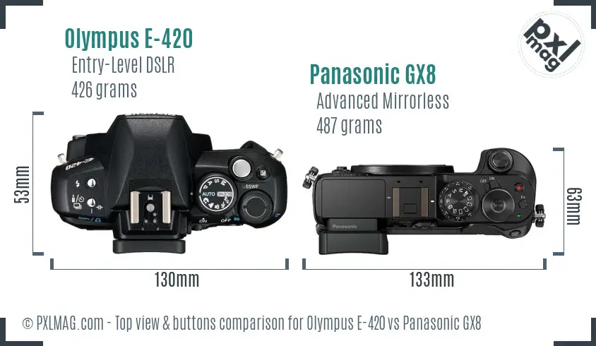 Olympus E-420 vs Panasonic GX8 top view buttons comparison Olympus E-420 vs Panasonic GX8 top view buttons comparison