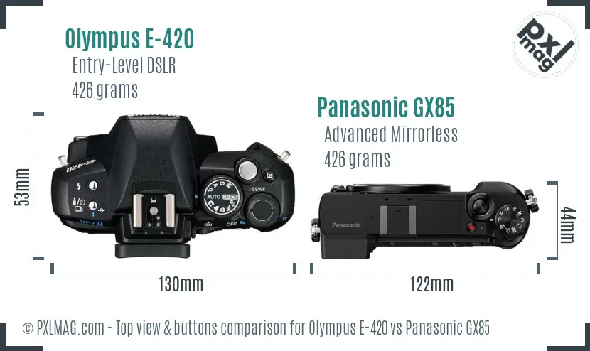 Olympus E-420 vs Panasonic GX85 top view buttons comparison