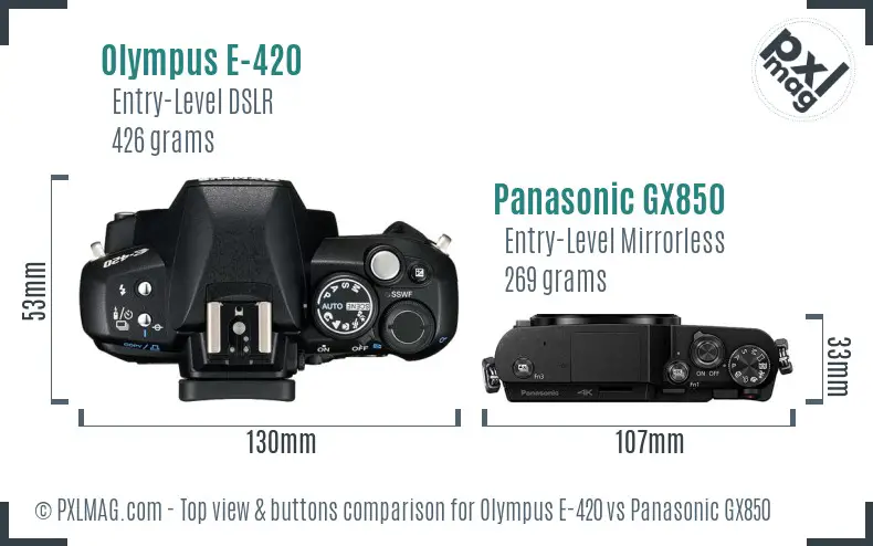 Olympus E-420 vs Panasonic GX850 top view buttons comparison