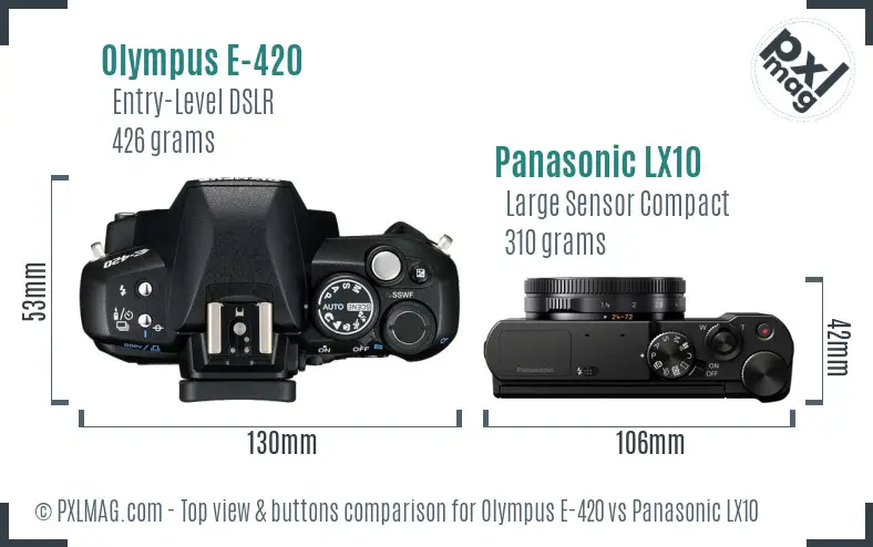 Olympus E-420 vs Panasonic LX10 top view buttons comparison