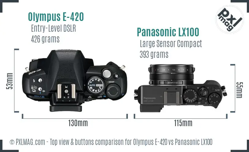 Olympus E-420 vs Panasonic LX100 top view buttons comparison