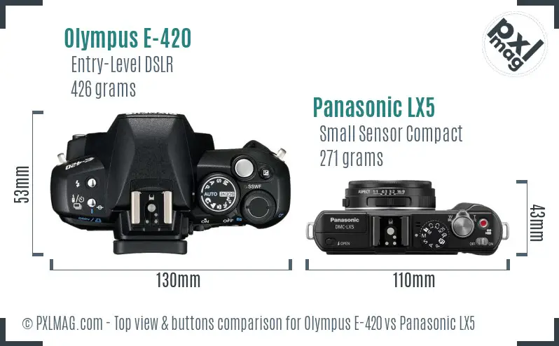 Olympus E-420 vs Panasonic LX5 top view buttons comparison