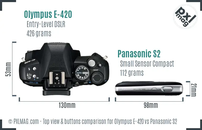 Olympus E-420 vs Panasonic S2 top view buttons comparison