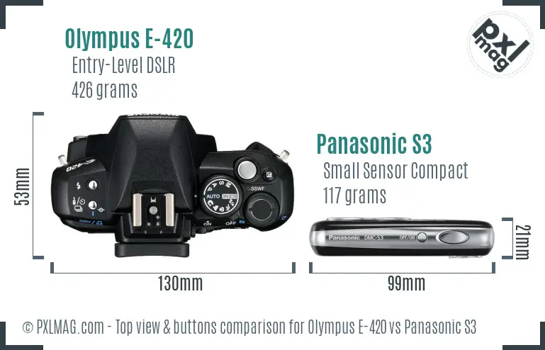 Olympus E-420 vs Panasonic S3 top view buttons comparison