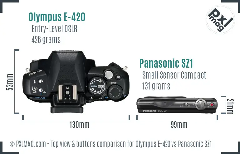 Olympus E-420 vs Panasonic SZ1 top view buttons comparison