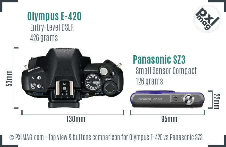 Olympus E-420 vs Panasonic SZ3 top view buttons comparison